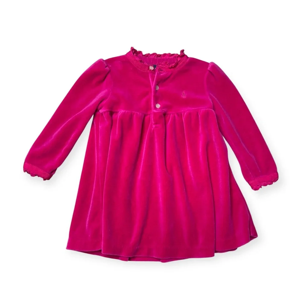 Ralph Lauren Baby Girls‎ Velvet Dress Fuchsia Pink Ruffle Trim Long Sleeve 12M